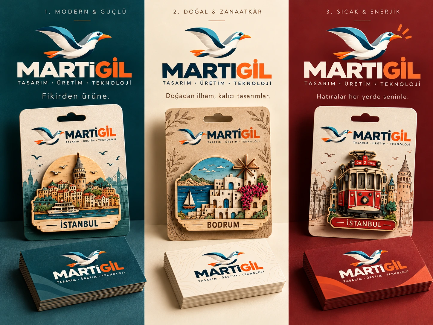 İstanbul ve Bodrum temalı üç ahşap magnet ve MARTİGİL ambalaj tasarımları