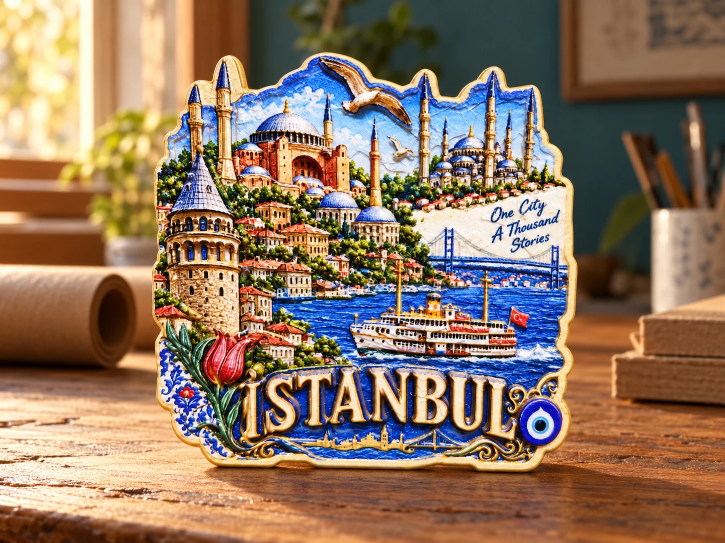 Pencere ışığı alan ahşap atölye tezgâhında İstanbul temalı kabartmalı hediyelik; Galata Kulesi, camiler, vapur ve nazar boncuğu ayrıntıları